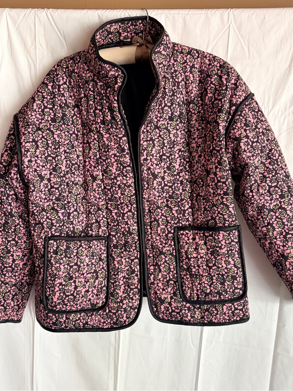 Pink Floral Quilted Jacket with Black Trim